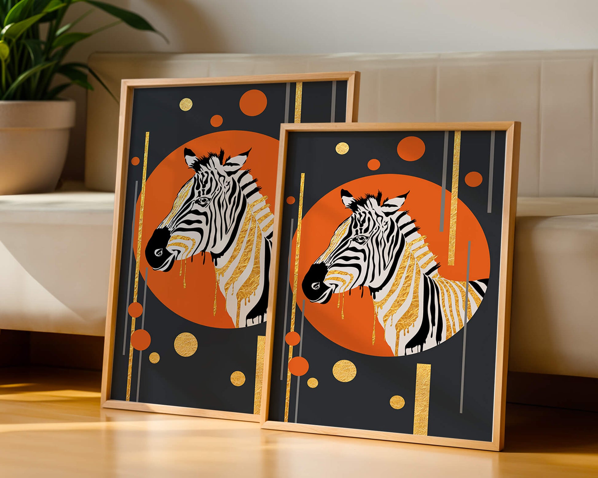 Modern zebra art with golden accents on abstract background