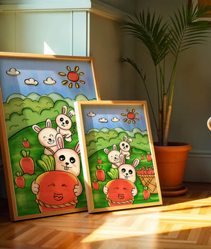 Illustration de lapins espiègles avec des carottes dans un champ ensoleillé