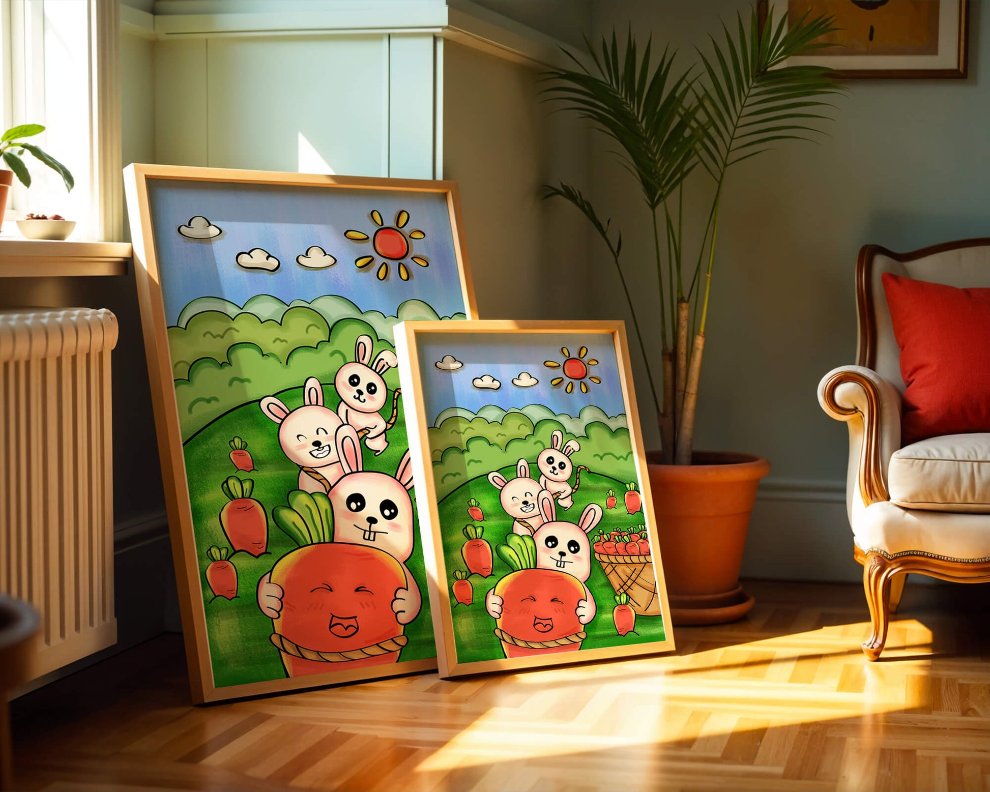 Illustration de lapins espiègles avec des carottes dans un champ ensoleillé