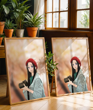 Chica de anime con boina roja sosteniendo una cámara durante el otoño