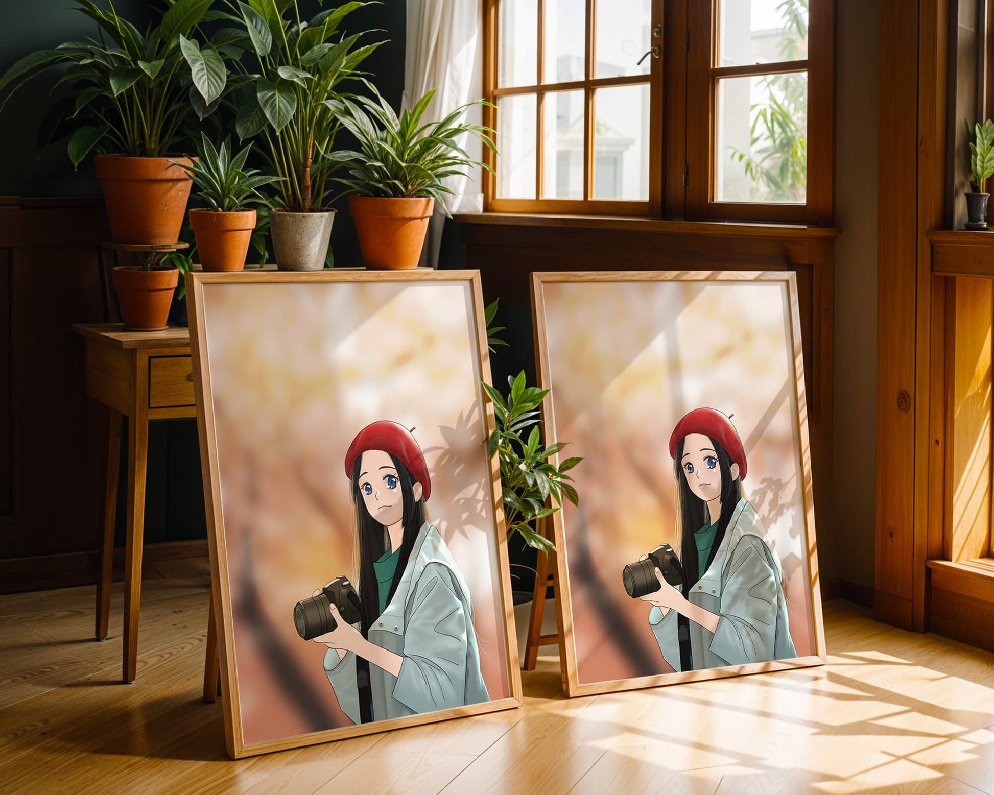 Anime girl in red beret holding camera during autumn
