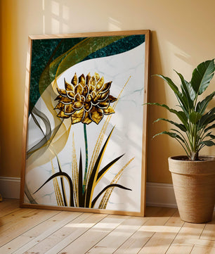 Golden flower artwork with abstract background for contemporary decor