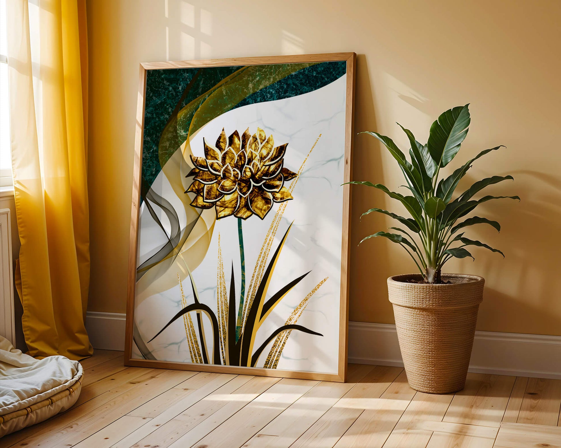 Golden flower artwork with abstract background for contemporary decor