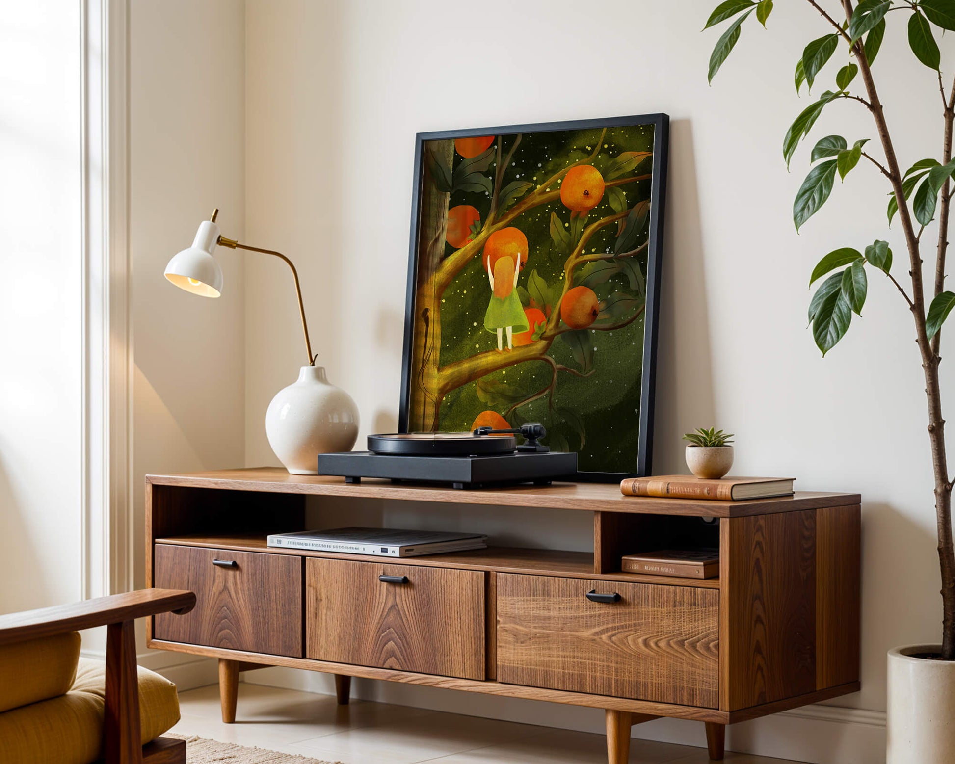 Little Girl Picking Oranges on a Starry Night
