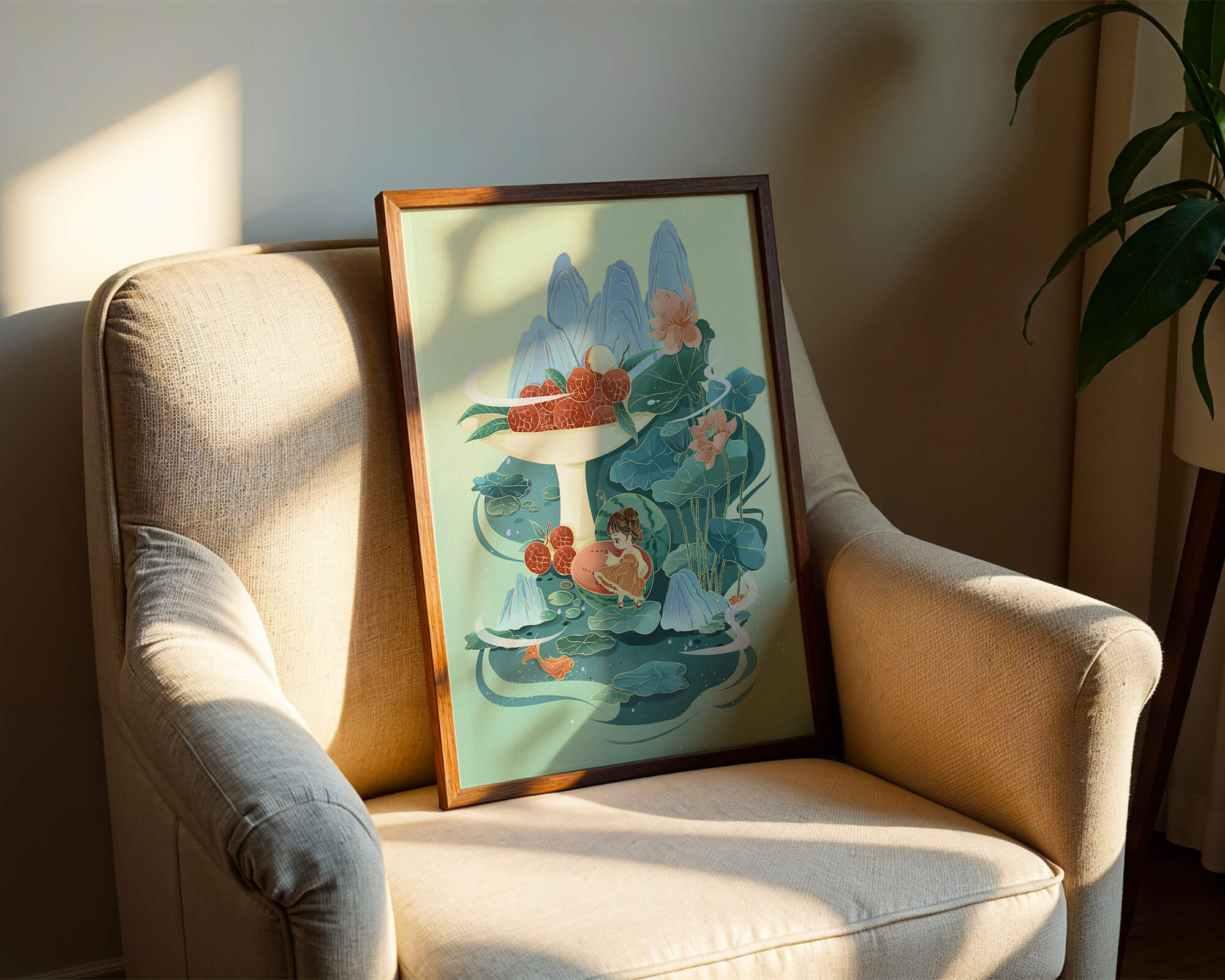 Whimsical illustration with girl, lychee, and lotus flowers