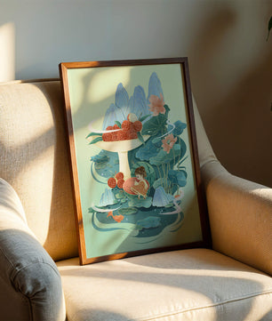 Whimsical illustration with girl, lychee, and lotus flowers