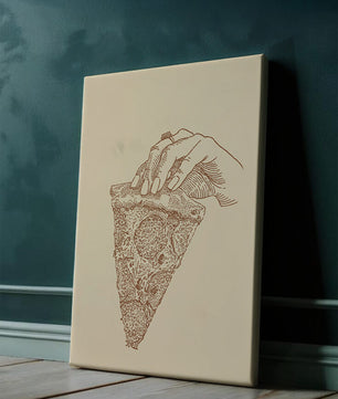 Mano sosteniendo una ilustración detallada de una porción de pizza vintage