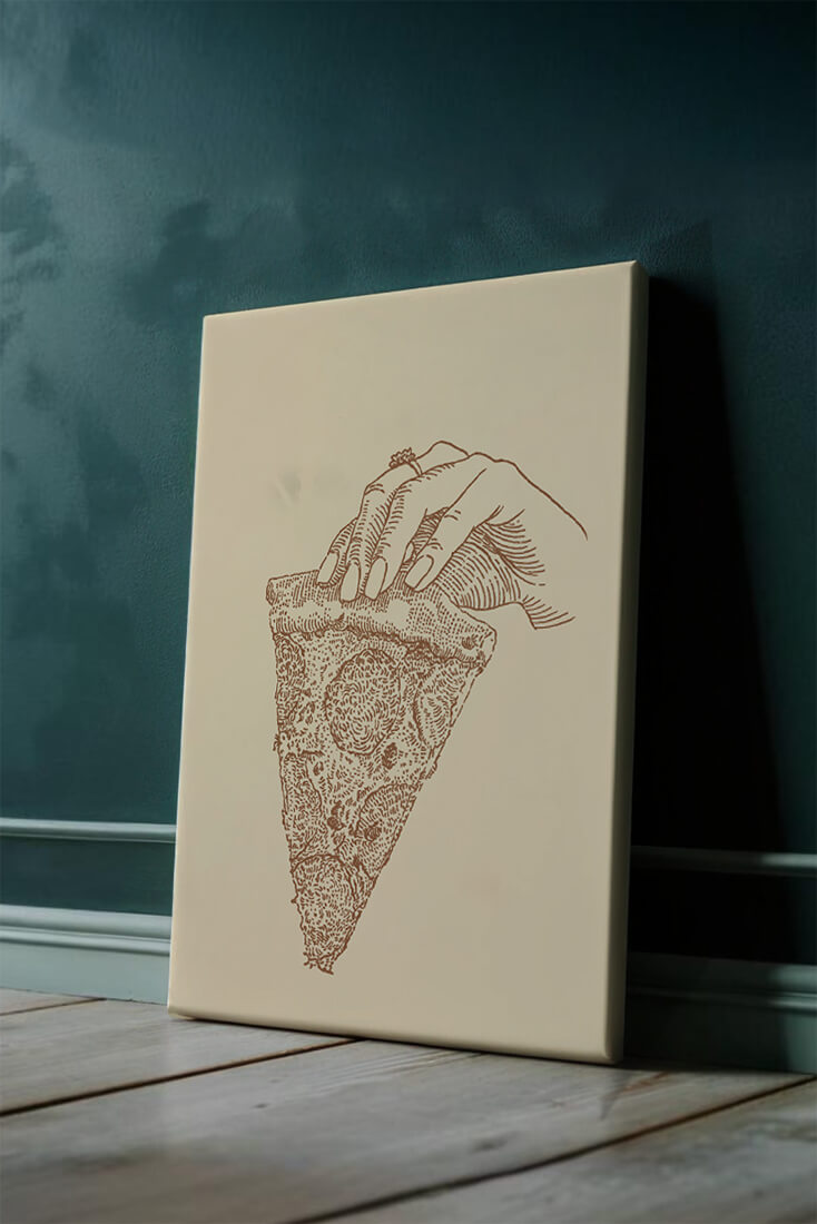 Hand holding a detailed vintage pizza slice illustration