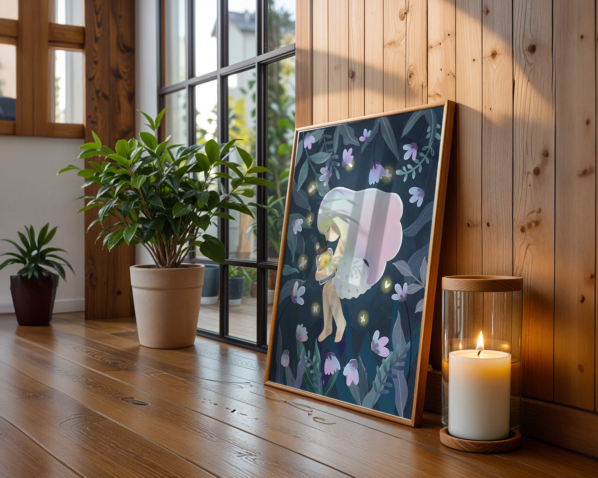 Illustration of a girl with glowing jar in moonlit garden