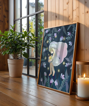Illustration d'une fille avec un bocal lumineux dans un jardin au clair de lune