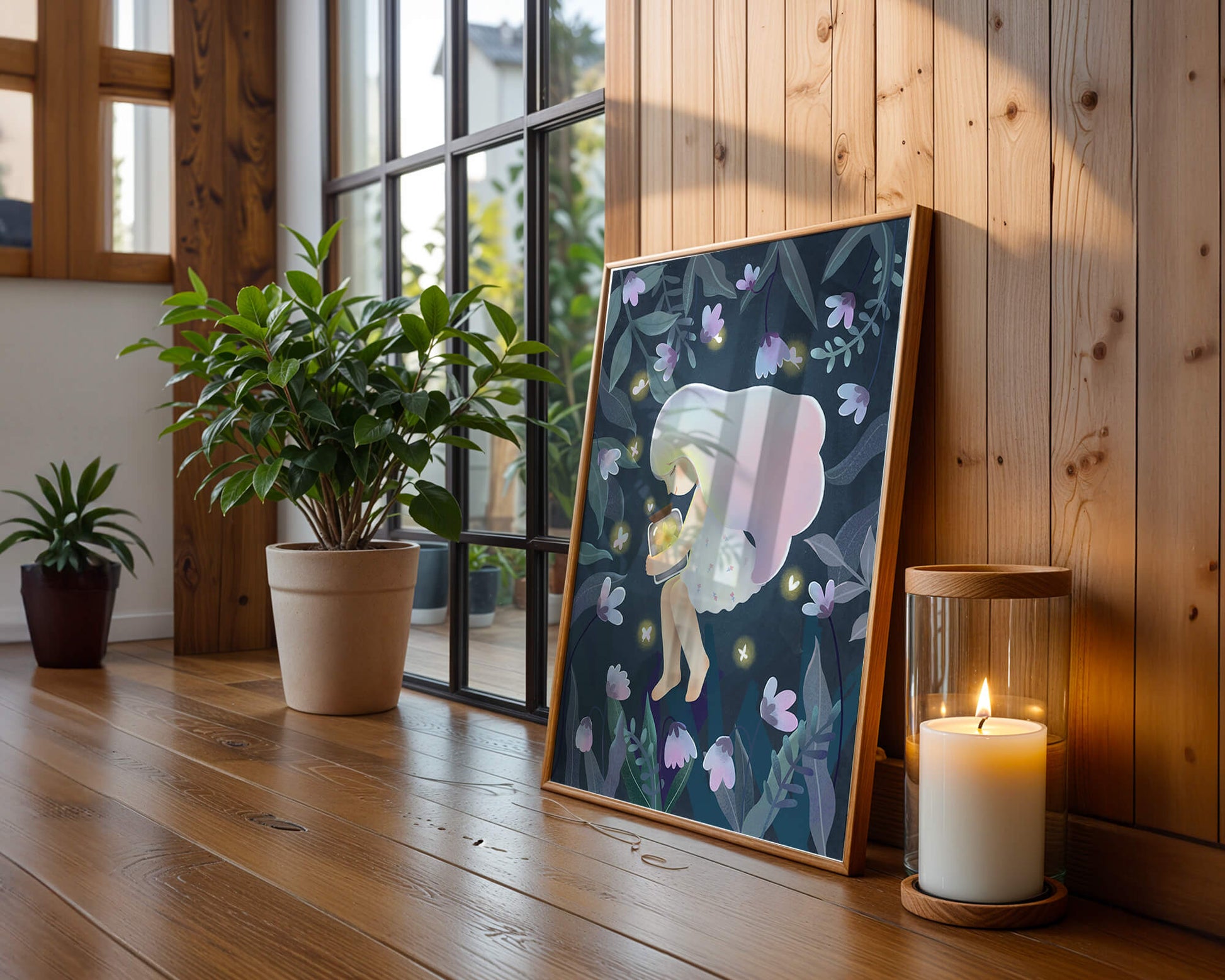 Illustration of a girl with glowing jar in moonlit garden