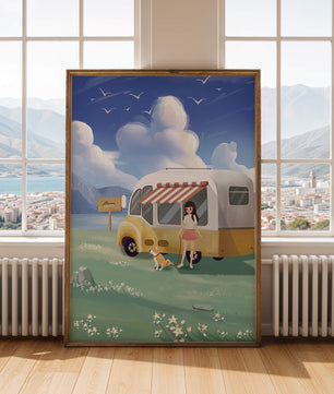 Girl with dog by camper van in serene nature setting