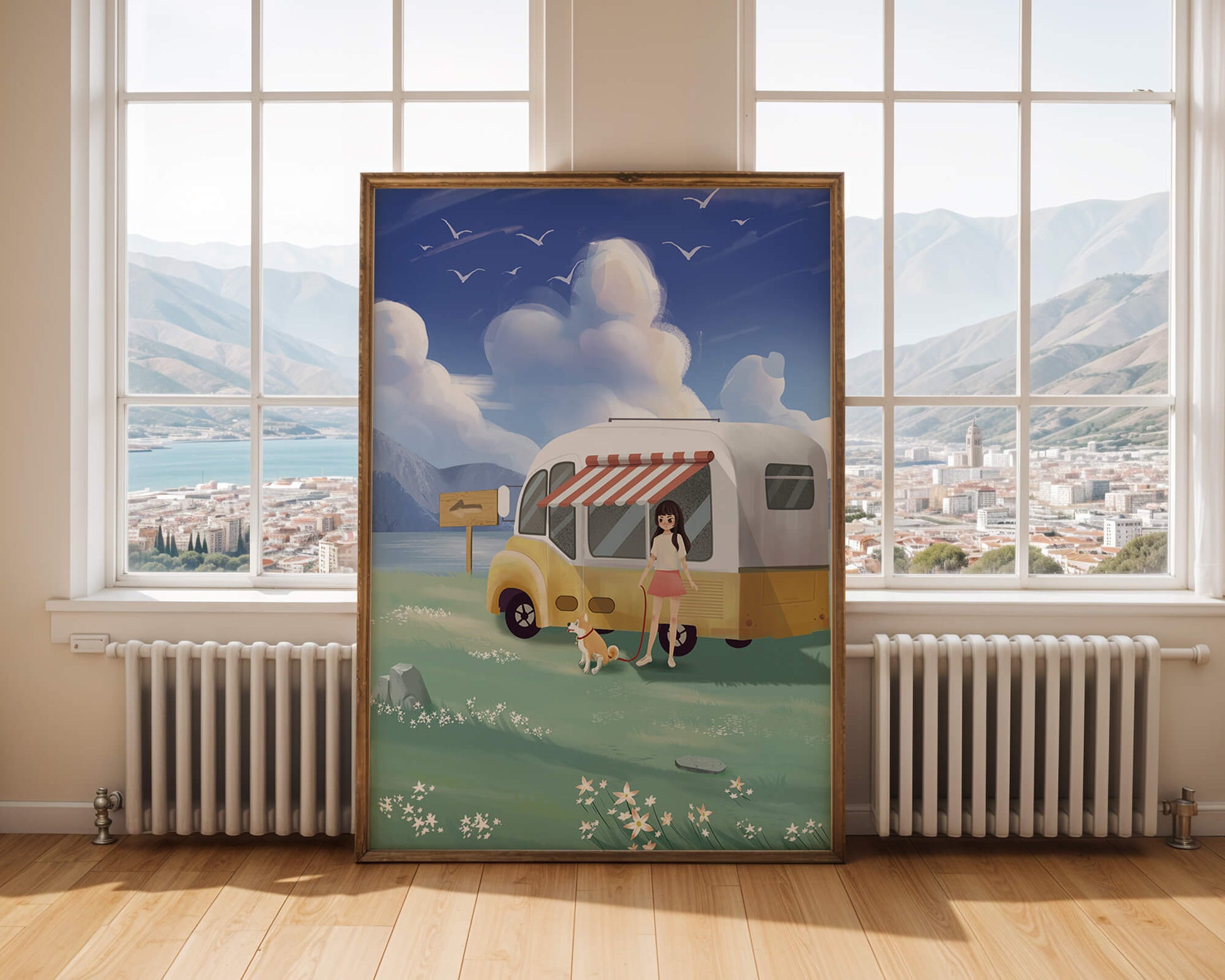 Girl with dog by camper van in serene nature setting