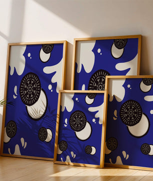 Graphic design featuring cookies and milk splashes on blue background