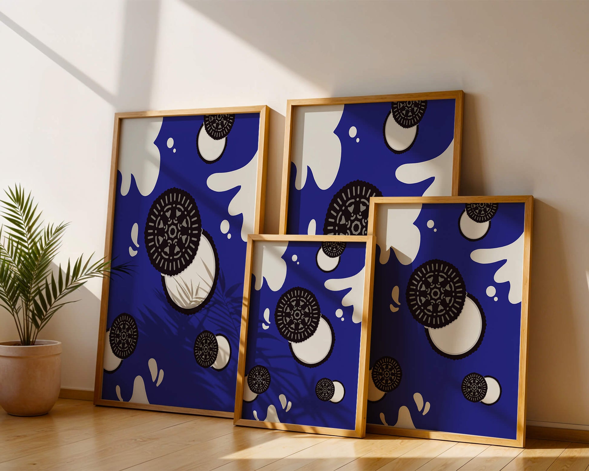 Graphic design featuring cookies and milk splashes on blue background