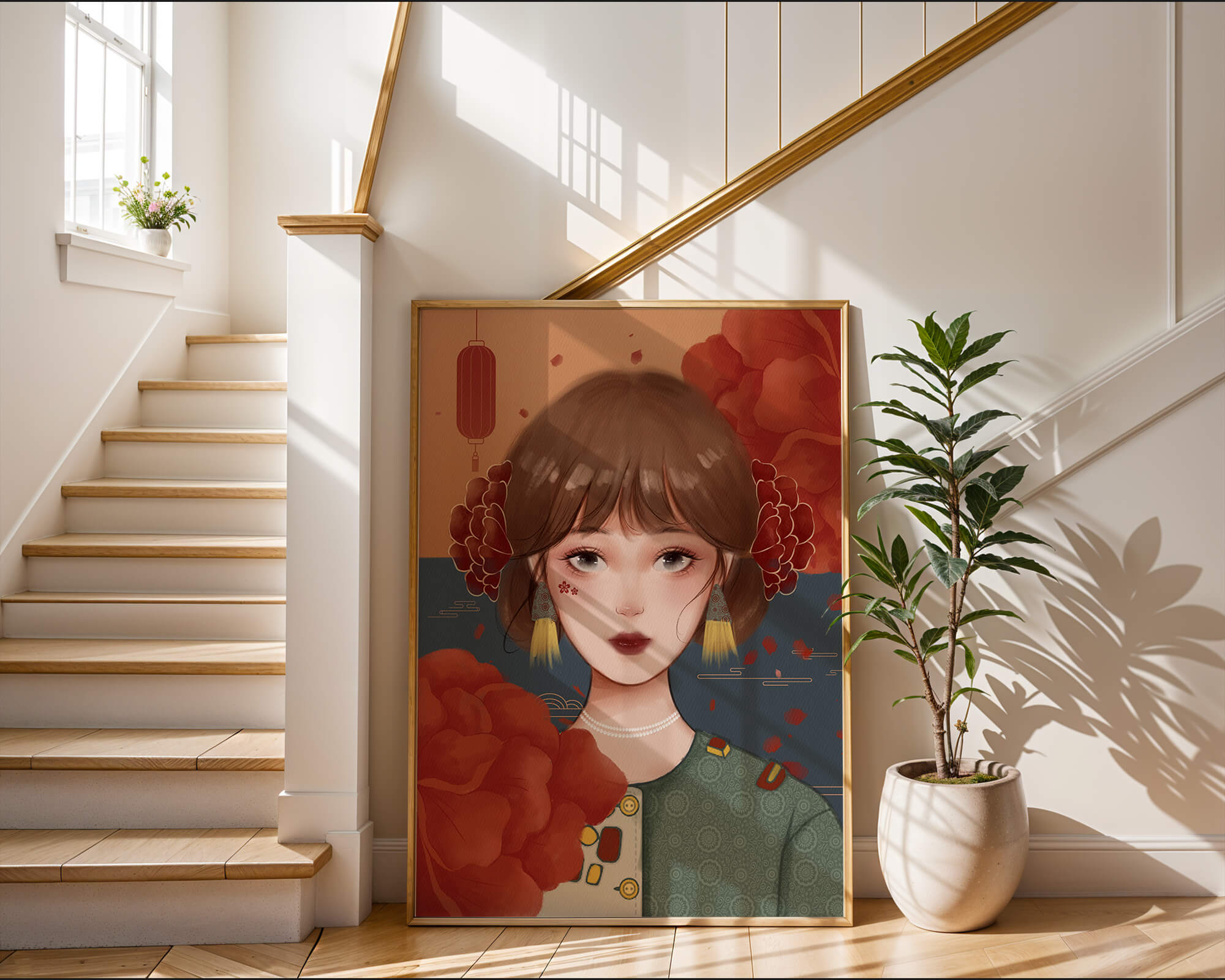 Illustration of a woman adorned with floral elements and traditional accessories