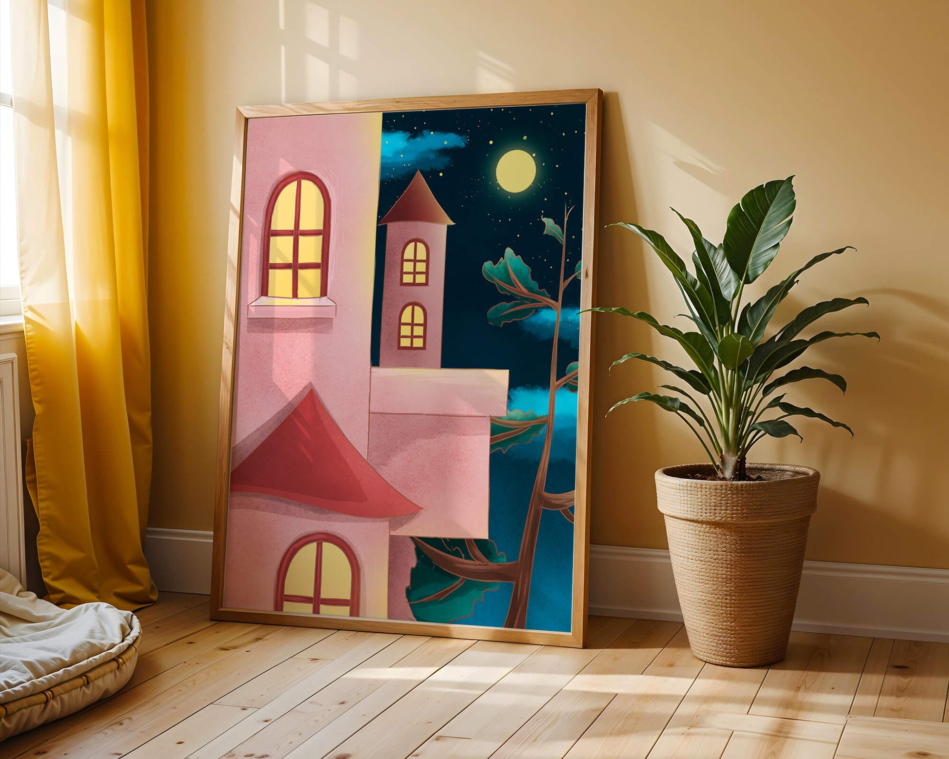 Castle with Arched Windows under Moonlit Sky