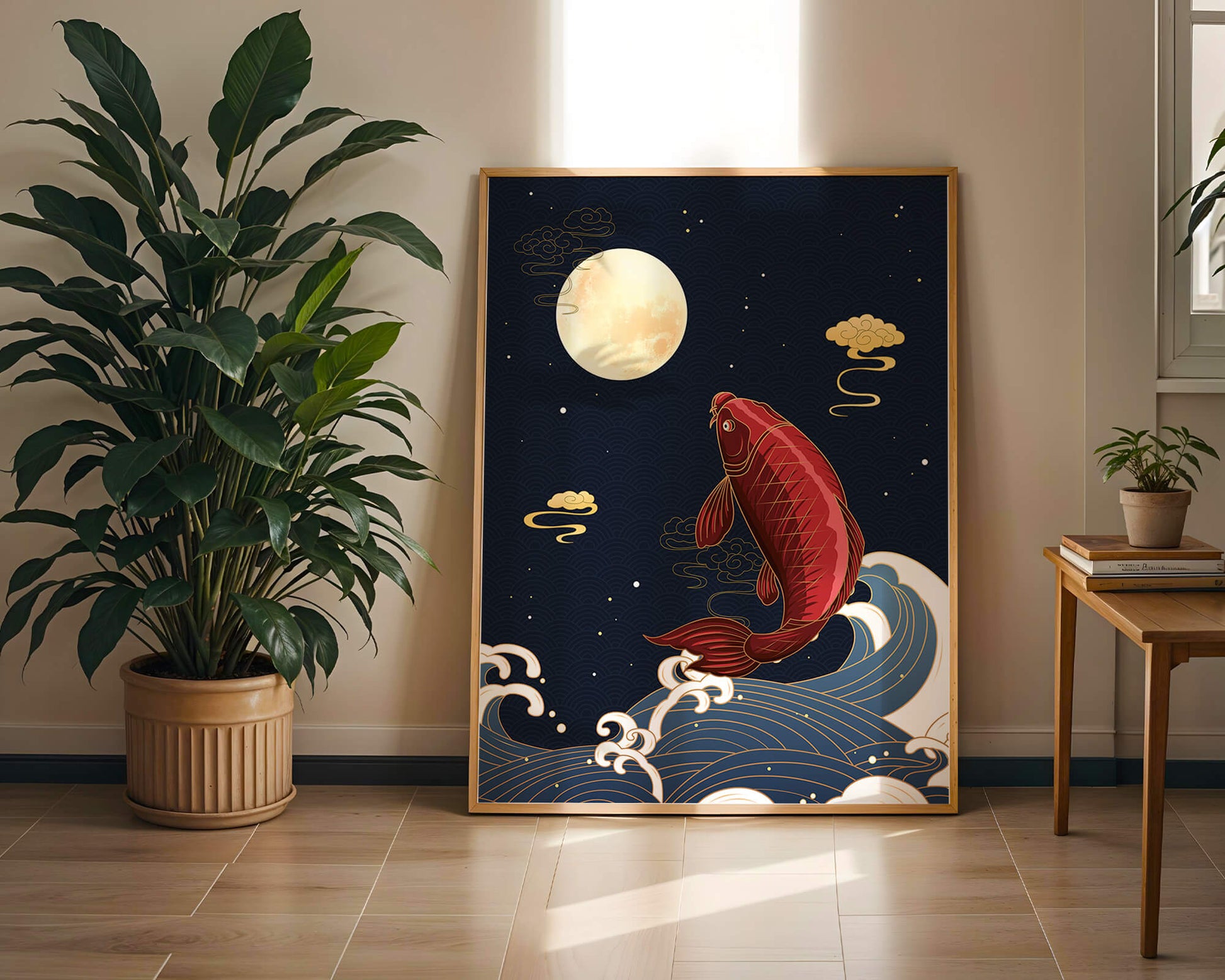 Artistic illustration of koi fish jumping over waves under moonlight