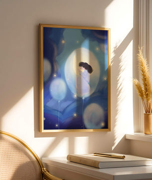 Dreamlike night sky with a girl on a moon enveloped by stars and balloons