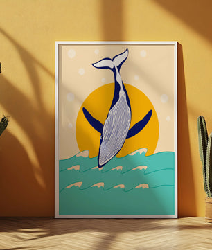 Ilustración de una ballena saltando sobre las olas con un fondo de sol