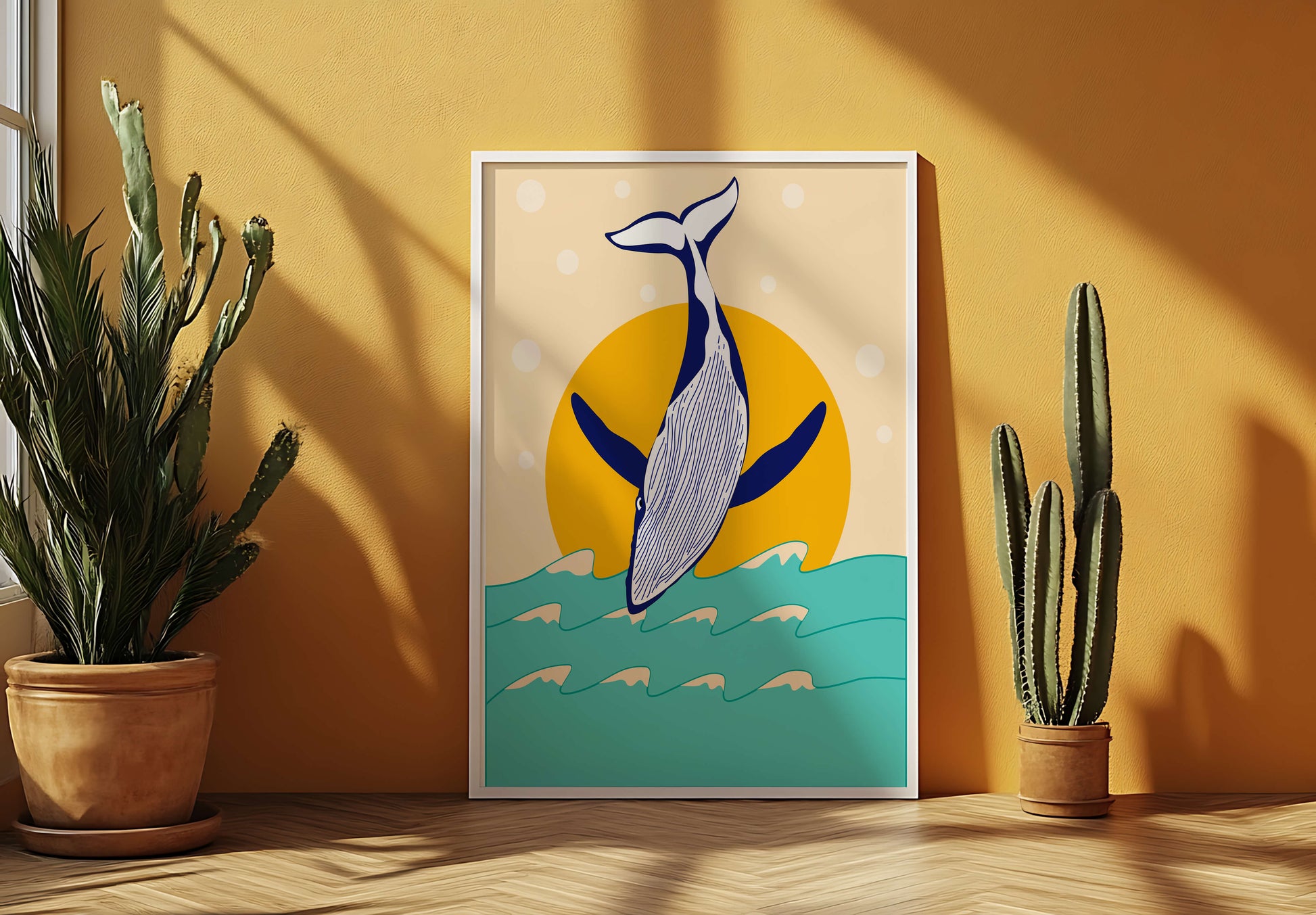 Illustration of a whale jumping over waves with sun backdrop