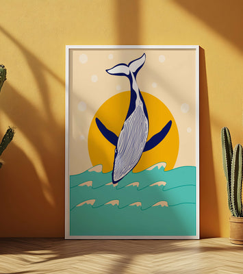 Illustration of a whale jumping over waves with sun backdrop