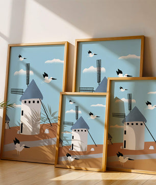 Windmill Landscape with Birds in a Minimalist Style