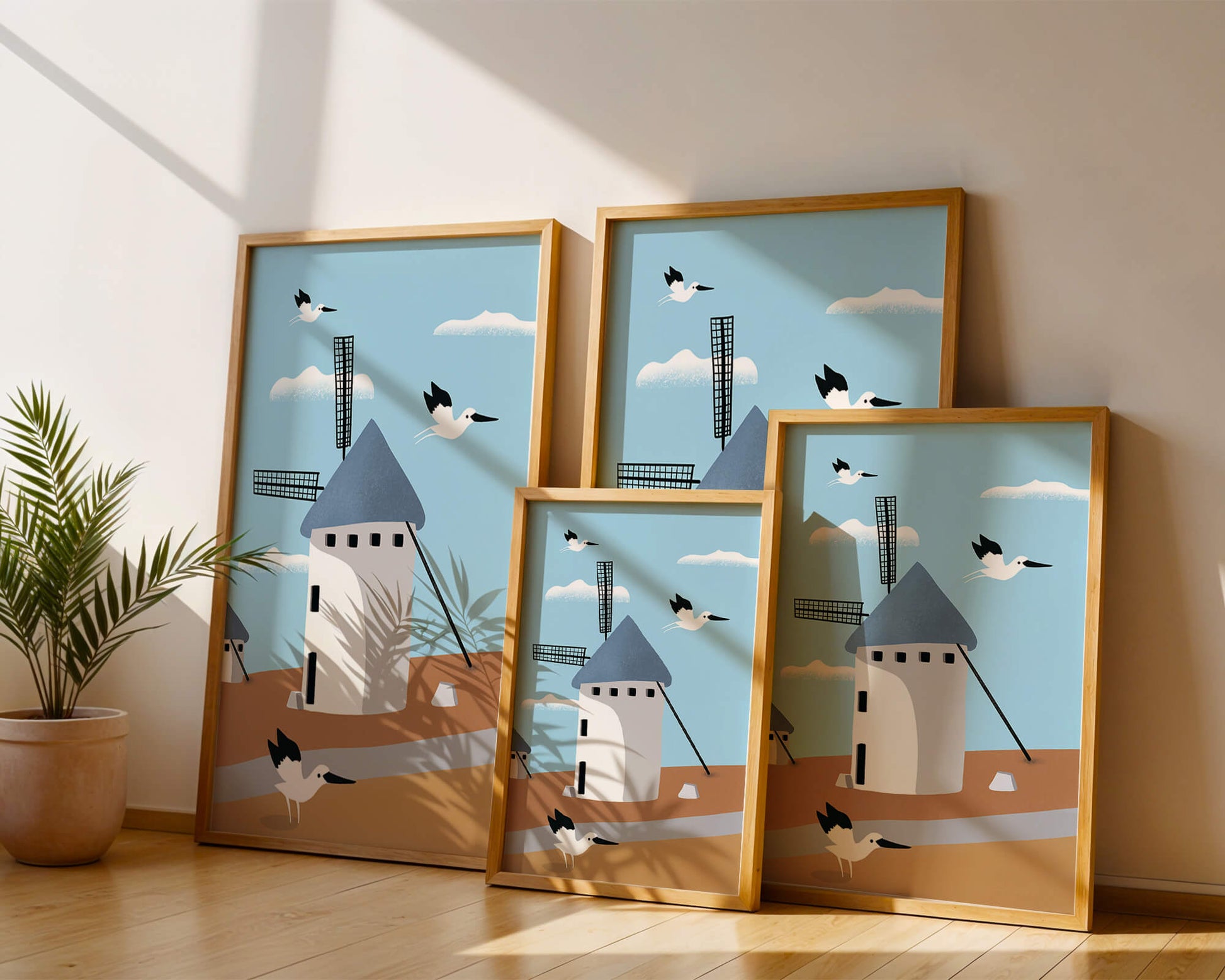 Paisaje de molino de viento con pájaros en estilo minimalista