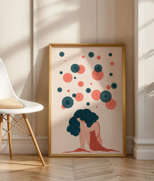 Abstract Illustration of a Woman with Curly Blue Hair Surrounded by Colorful Circles - Mi tienda