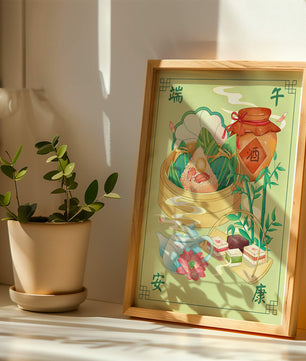 Illustration de nourriture festive chinoise mettant en scène des zongzi traditionnels et un service à thé