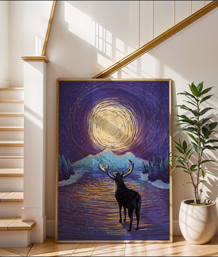 Moose Under Starry Night Sky with Radiant Moon