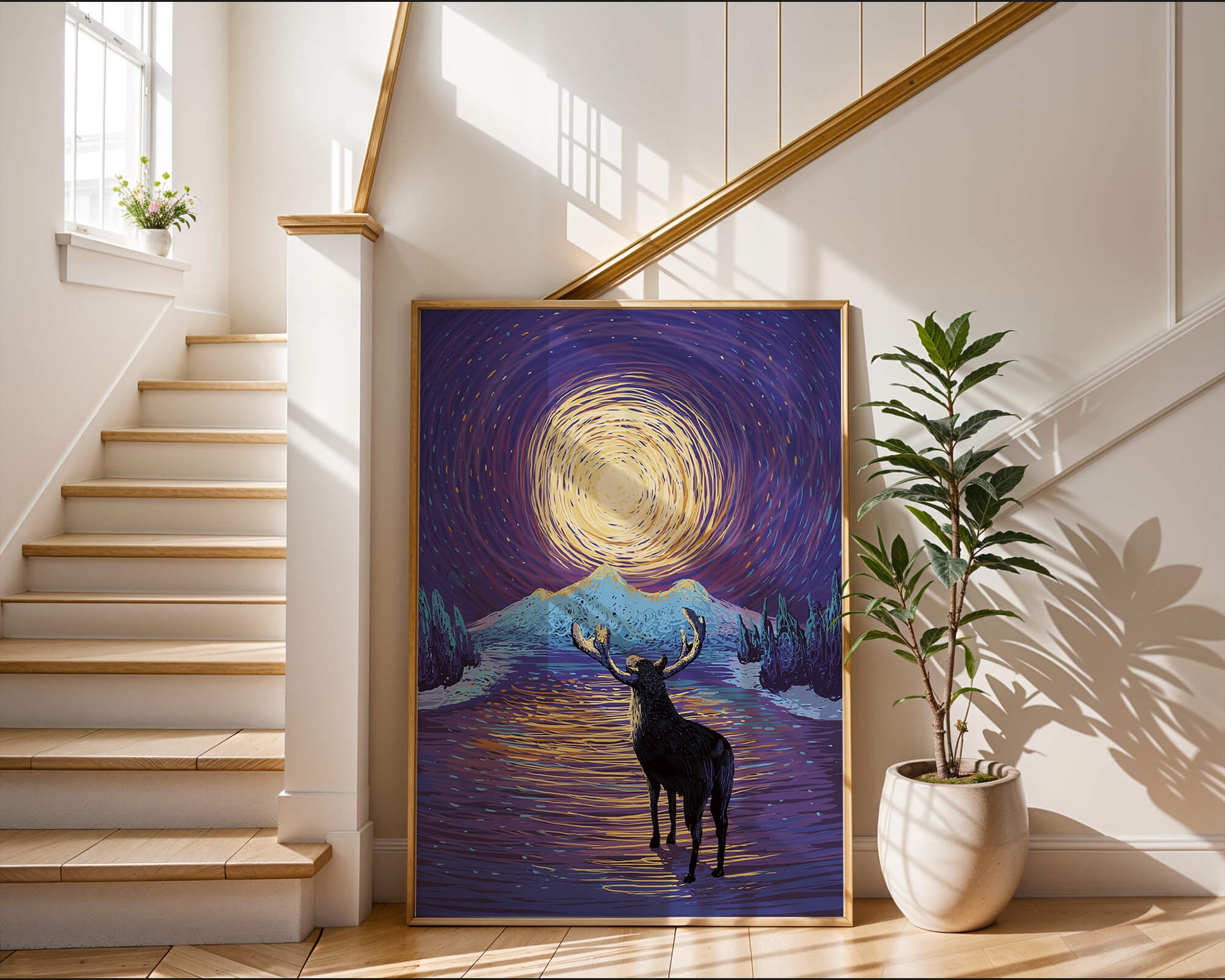 Moose Under Starry Night Sky with Radiant Moon