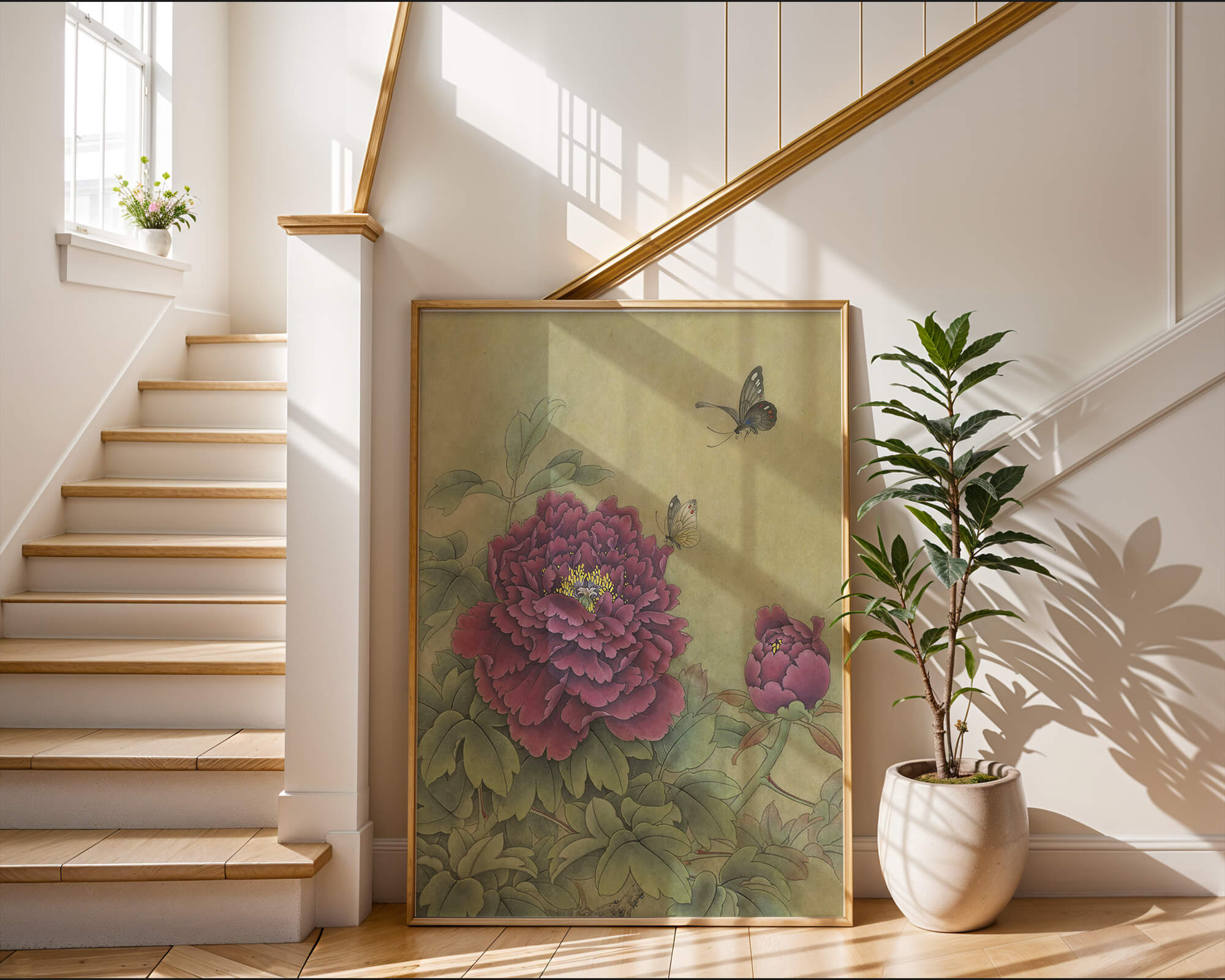Delicate peonies with butterflies in a serene natural setting