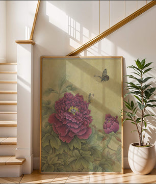 Delicate peonies with butterflies in a serene natural setting