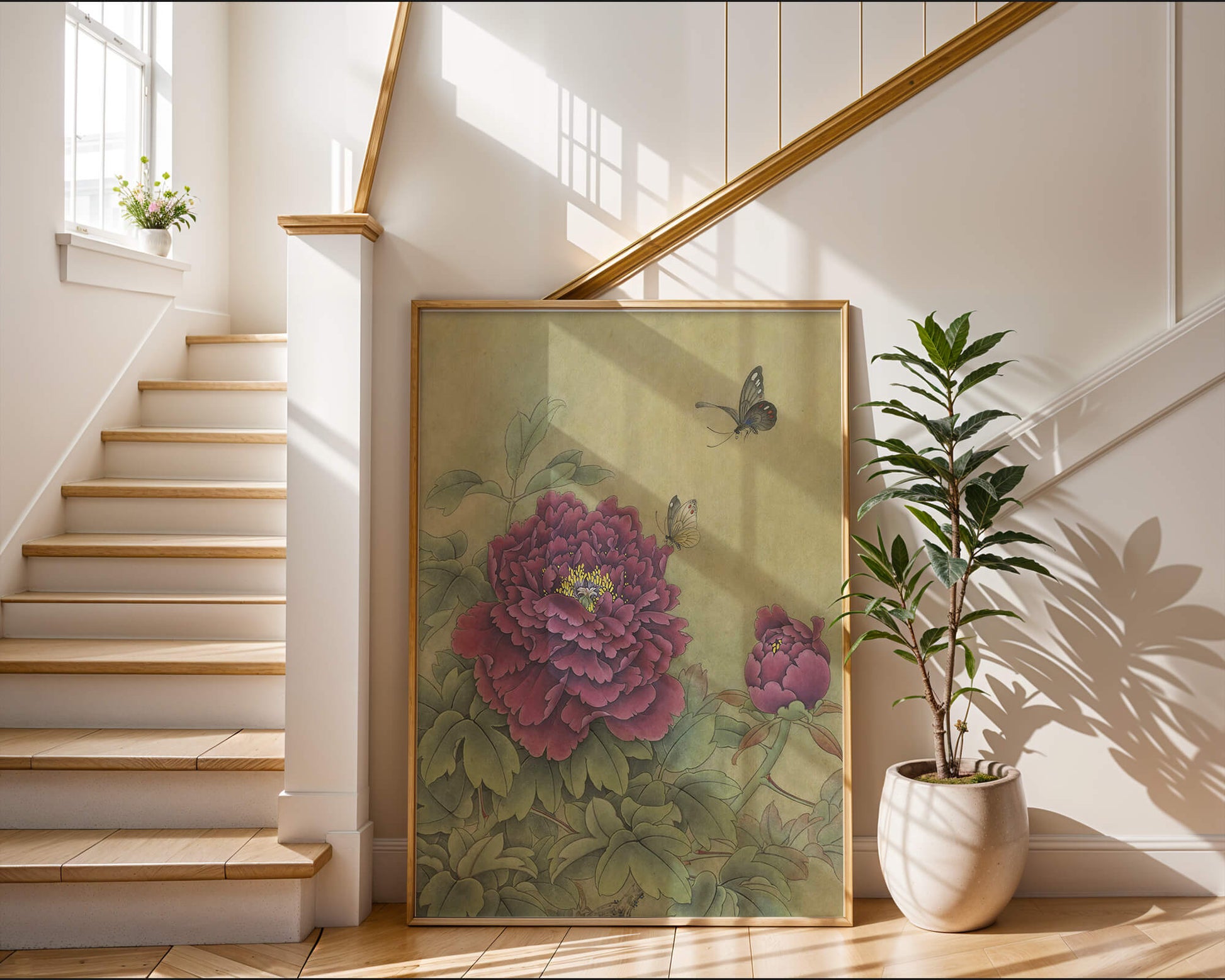 Delicate peonies with butterflies in a serene natural setting