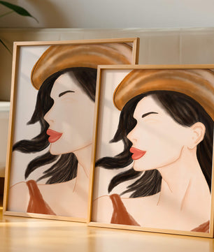 Stylized portrait of a woman in a hat with flowing hair