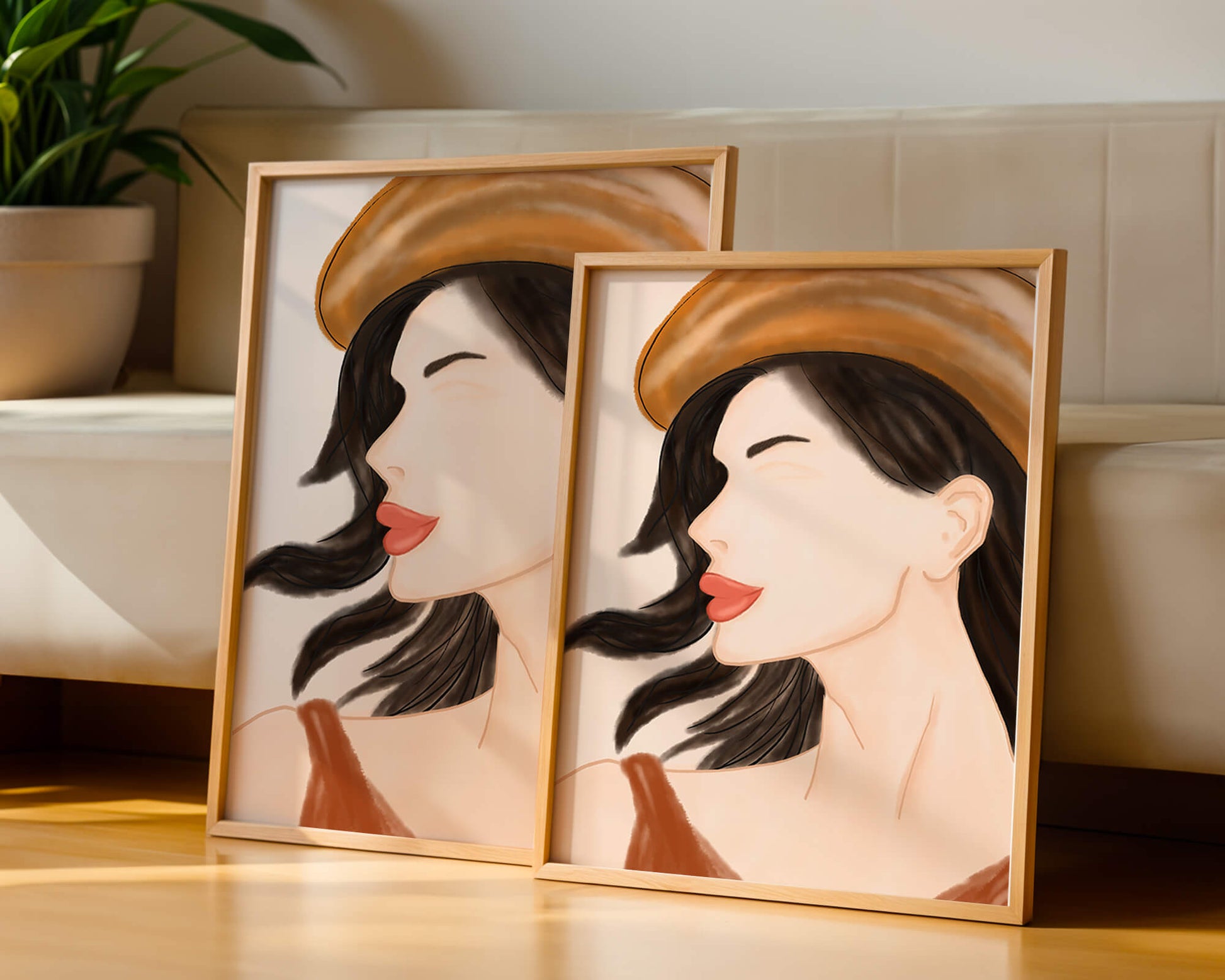 Stylized portrait of a woman in a hat with flowing hair
