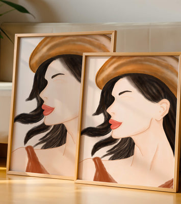 Stylized portrait of a woman in a hat with flowing hair