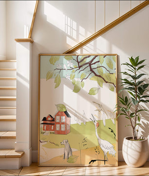 Tranquil rural landscape illustration with house, dog, and crane