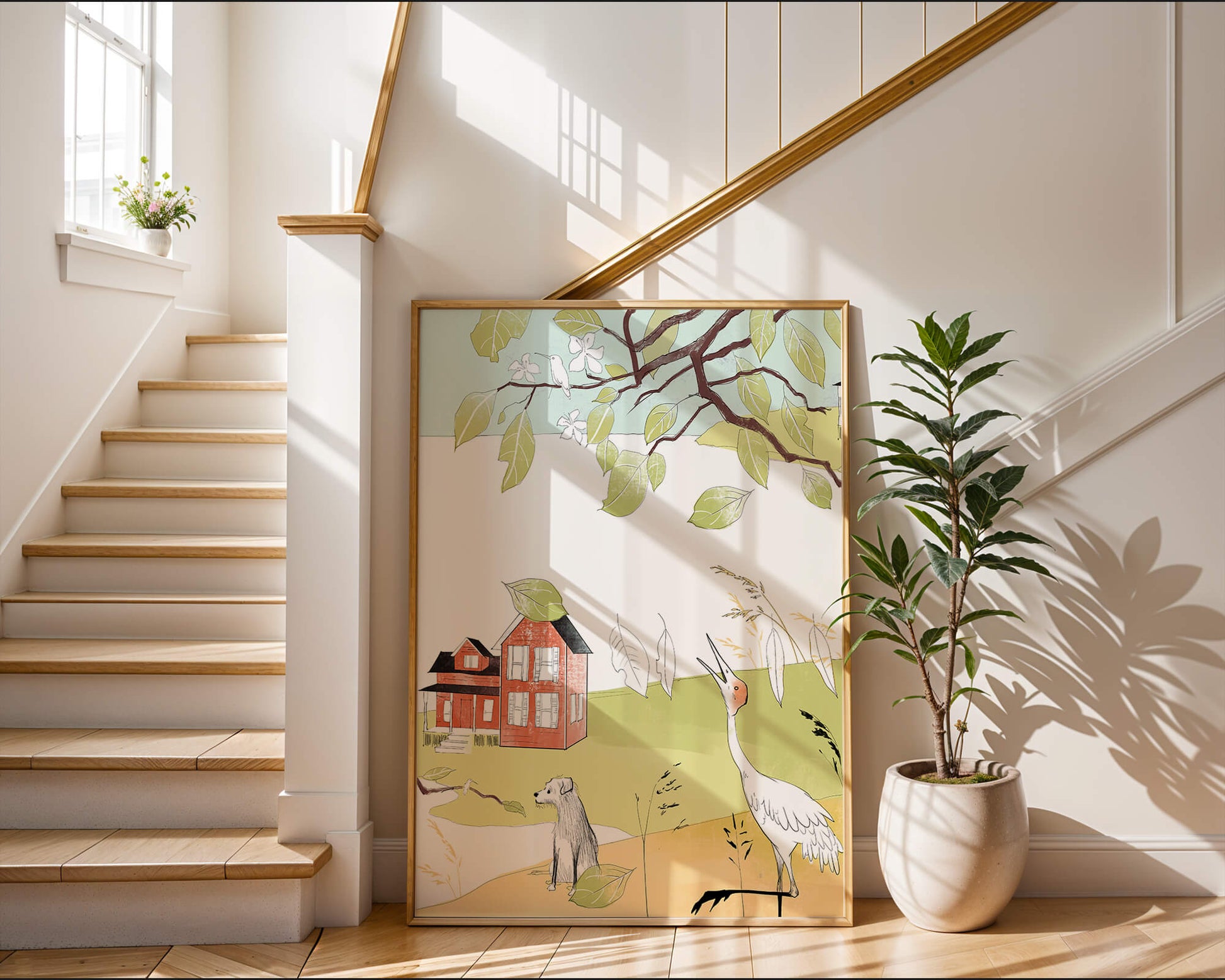 Tranquil rural landscape illustration with house, dog, and crane