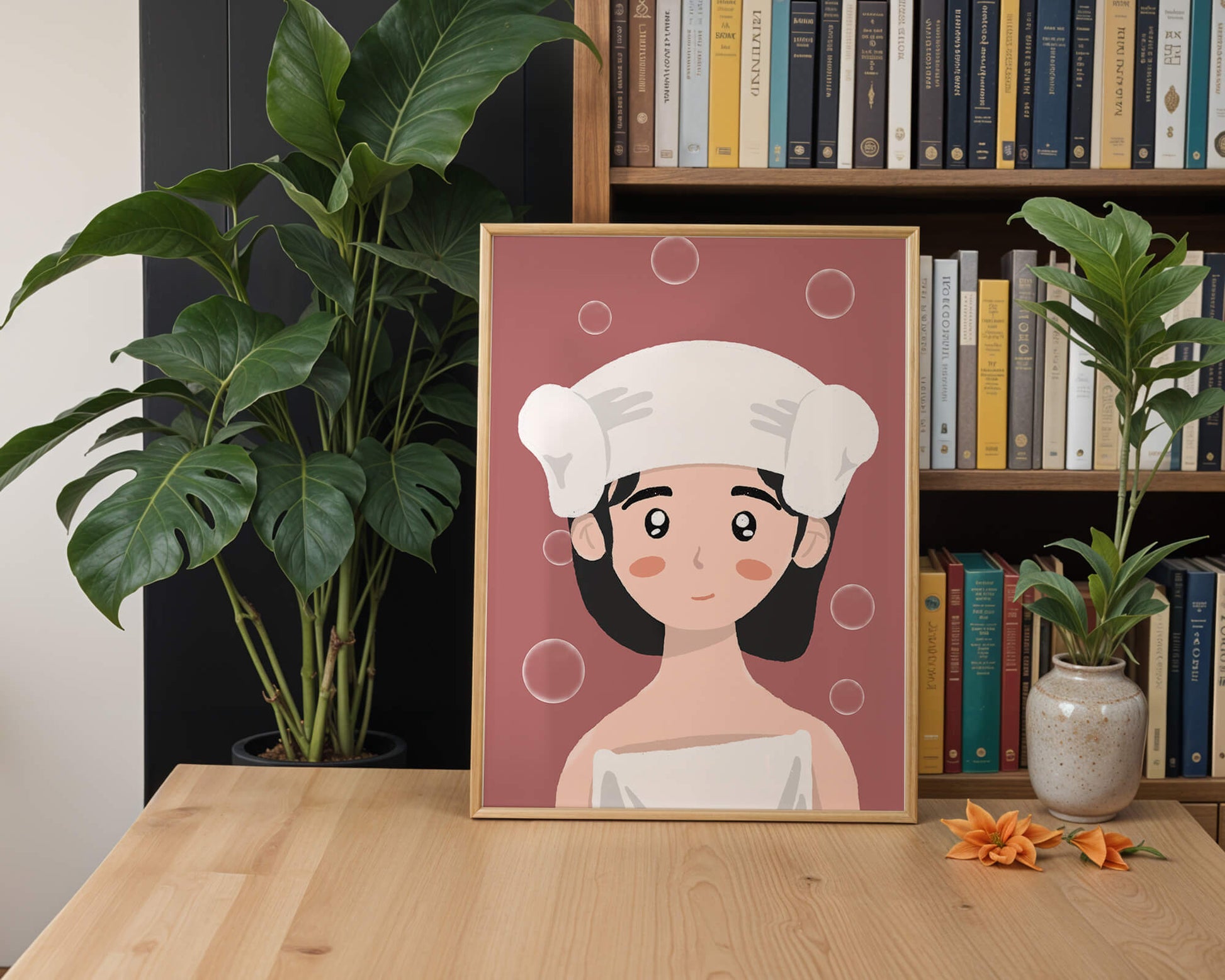 Ilustración de una persona en una toalla con burbujas sobre un fondo rosa