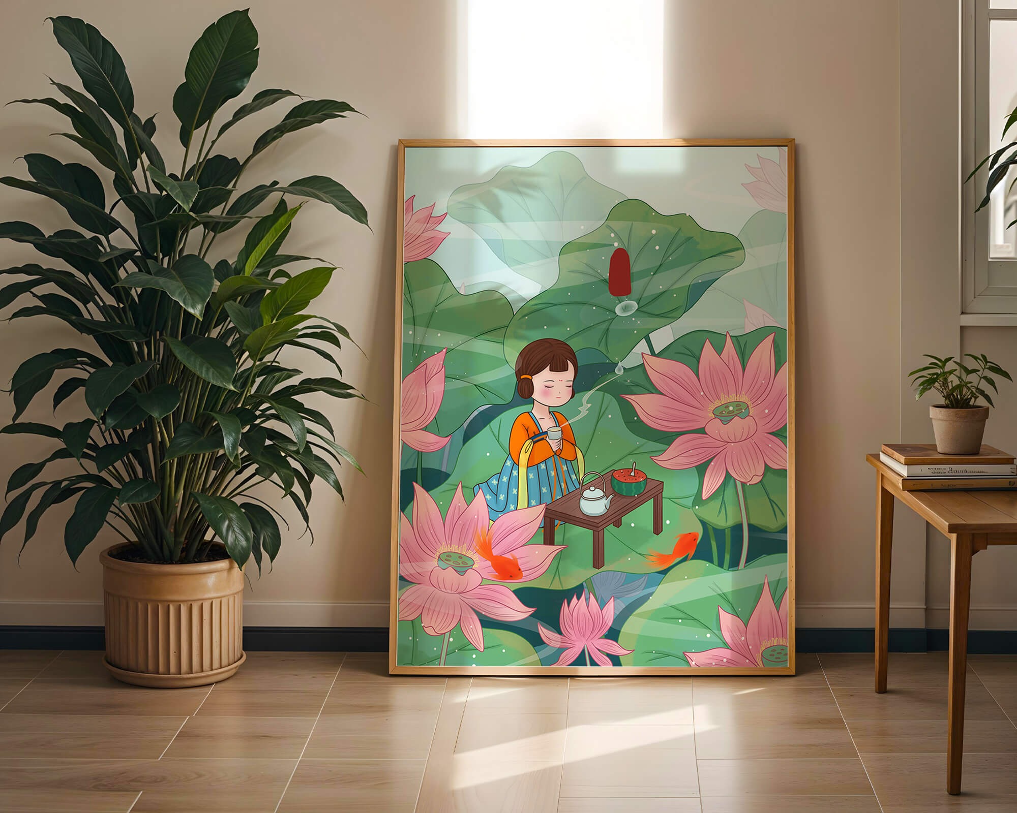 Serene illustration of a girl enjoying tea among lotus flowers
