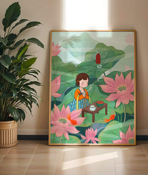 Serene illustration of a girl enjoying tea among lotus flowers