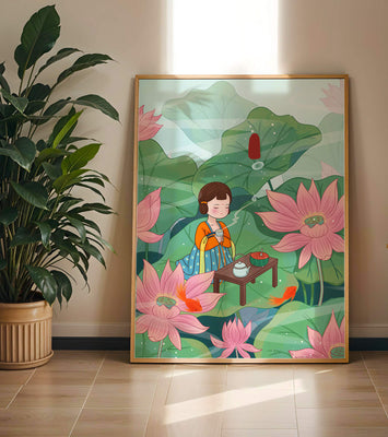 Serene illustration of a girl enjoying tea among lotus flowers