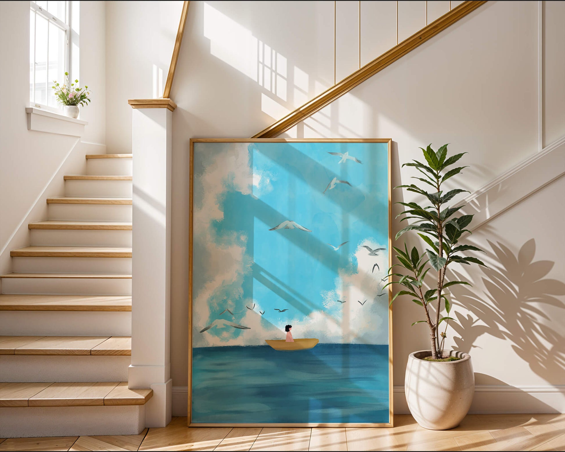 Peaceful seascape illustration with a boat and birds