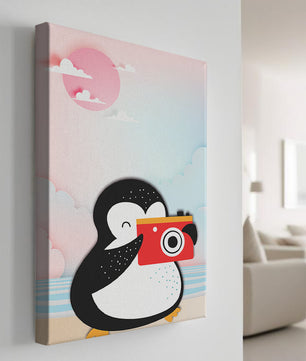 Whimsical penguin illustration with a camera on a pastel beach