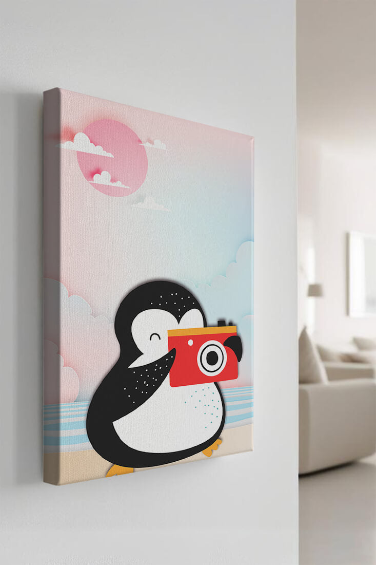 Whimsical penguin illustration with a camera on a pastel beach