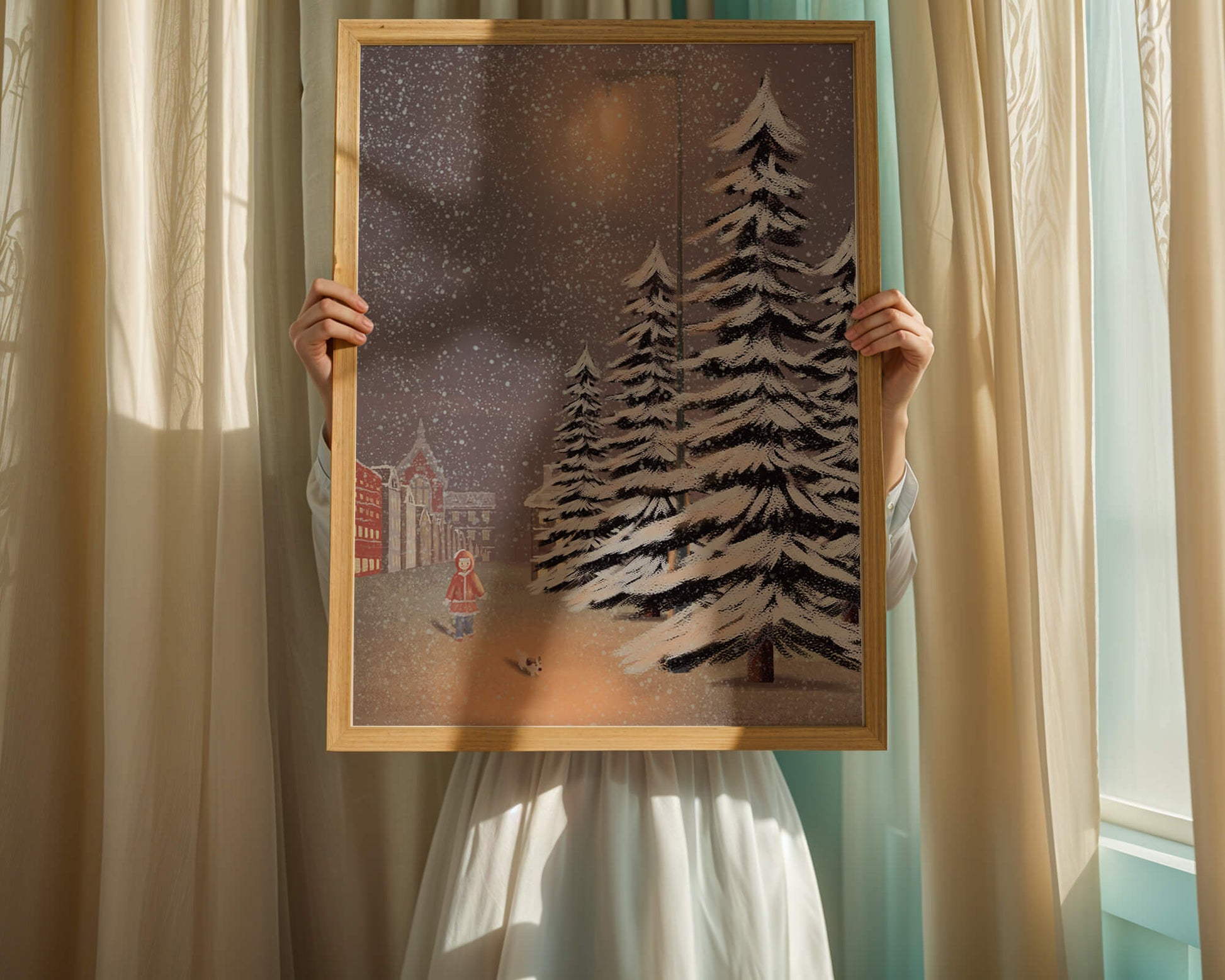 Snowy winter scene with a child and dog in a charming town