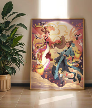 Dynamic anime scene with traditional attire and lanterns