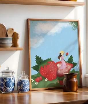 Ilustración encantadora de una niña en un campo de fresas